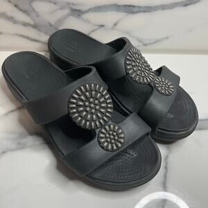 Crocs Women's Black Dual Comfort Monterey Diamante Wedge Slide Sandals Sz 11